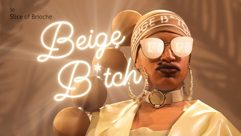 Widescreen Beige B*tch title card: Nima Séne in headband and mirrored sunglasses, shade name Slice of Brioche