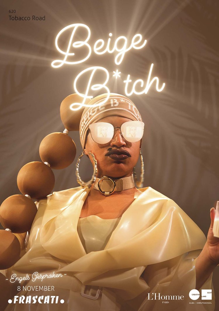 Beige B*tch poster for Frascati, Amsterdam: Nima Séne in mirrored sunglasses, shade name Tobacco Road