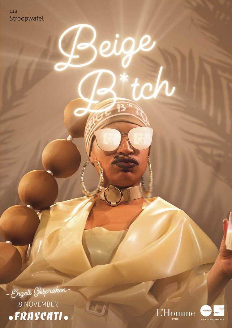 Beige B*tch poster for Frascati, Amsterdam: Nima Séne under the neon title, shade name Stroopwafel