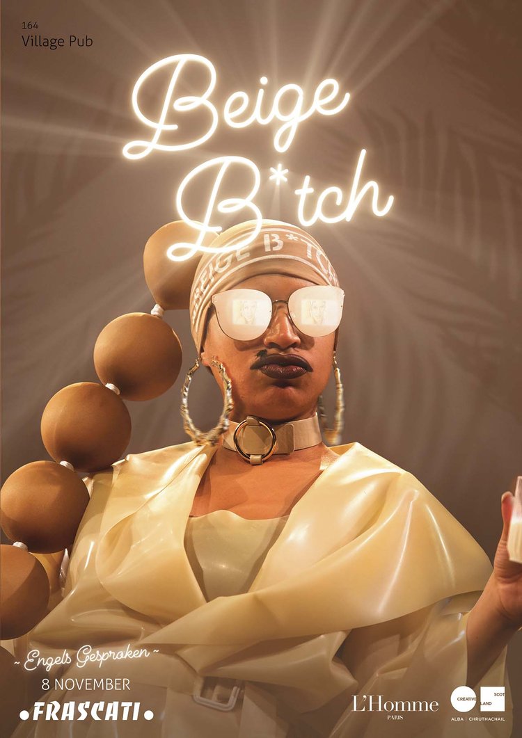 Beige B*tch poster for Frascati, Amsterdam: Nima Séne under the neon title, shade name Village Pub