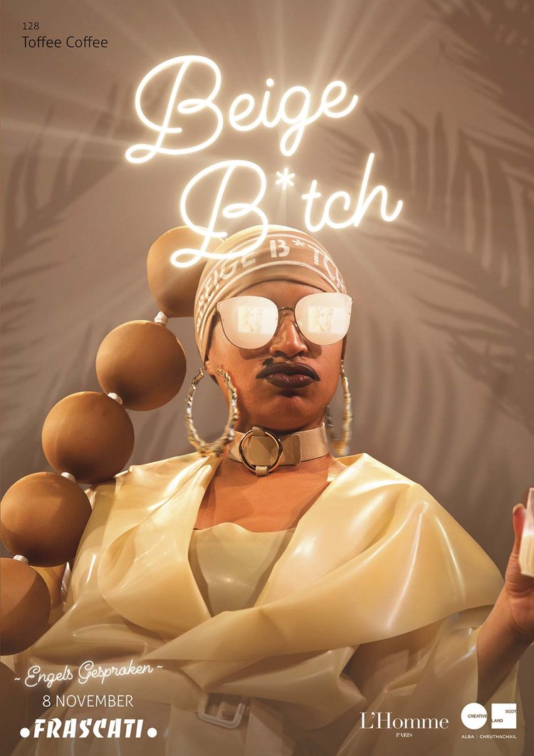 Beige B*tch poster for Frascati, Amsterdam: Nima Séne in hooped earrings, shade name Toffee Coffee