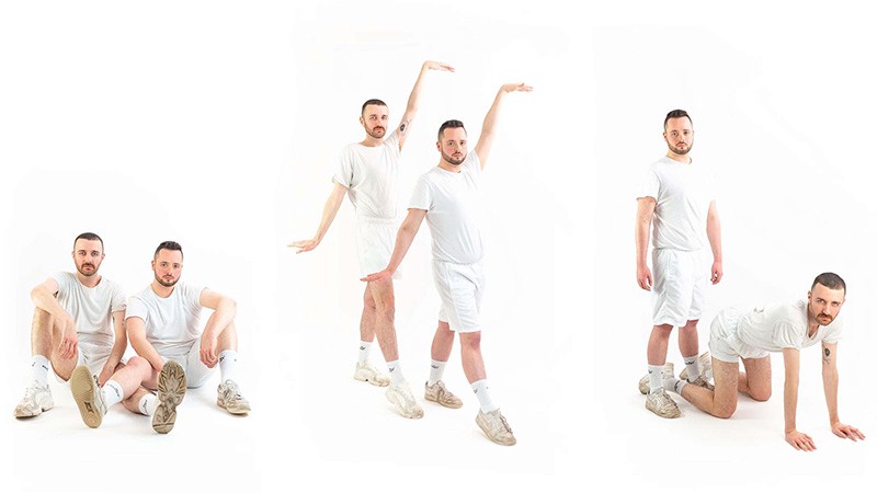 Triptych of Craig Manson and Conner Milliken posing in white sportswear: seated, balletic arms raised, and crawling.