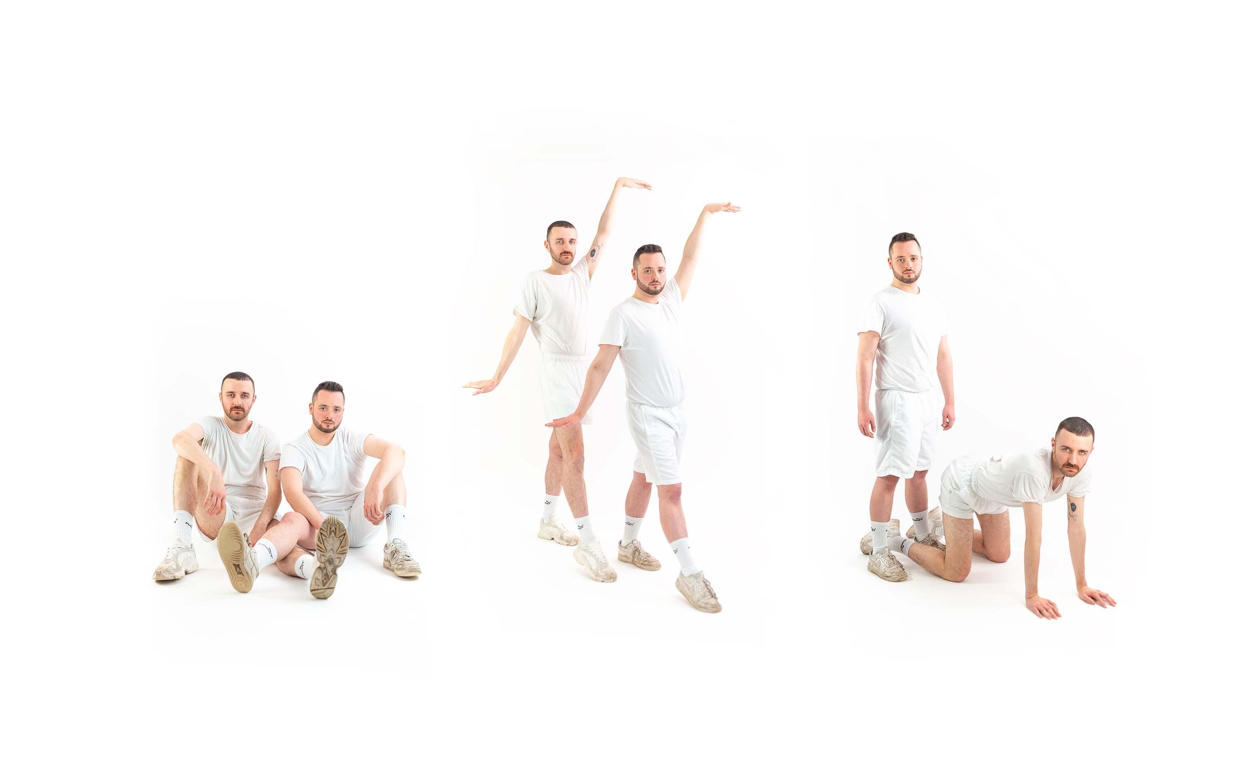 Craig Manson and Conner Milliken in white sportswear pose three ways on white: seated, arms raised, and crawling.