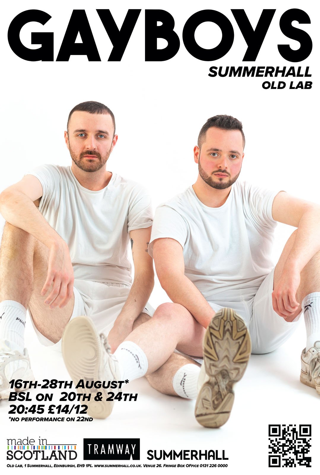Gayboys Summerhall poster: Craig Manson and Conner Milliken in white sportswear sit deadpan against a white backdrop.