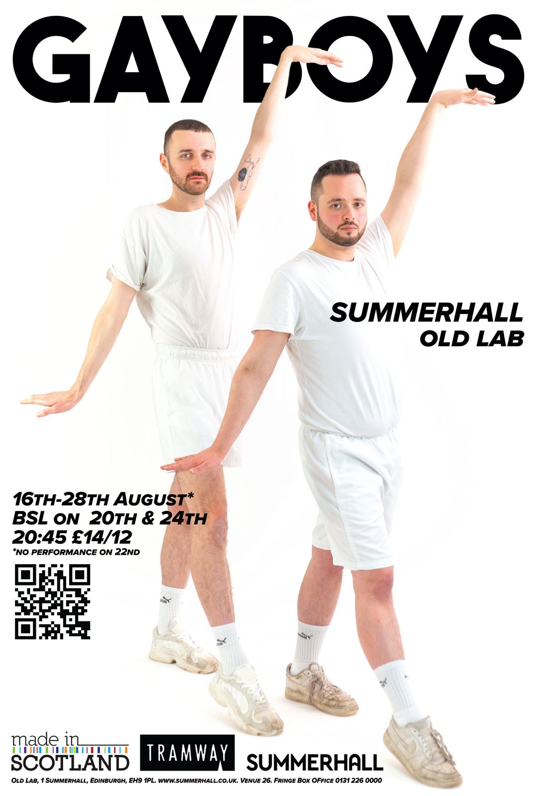 Gayboys Summerhall poster: Craig Manson and Conner Milliken strike a balletic pose, arms raised overhead, dressed in white.