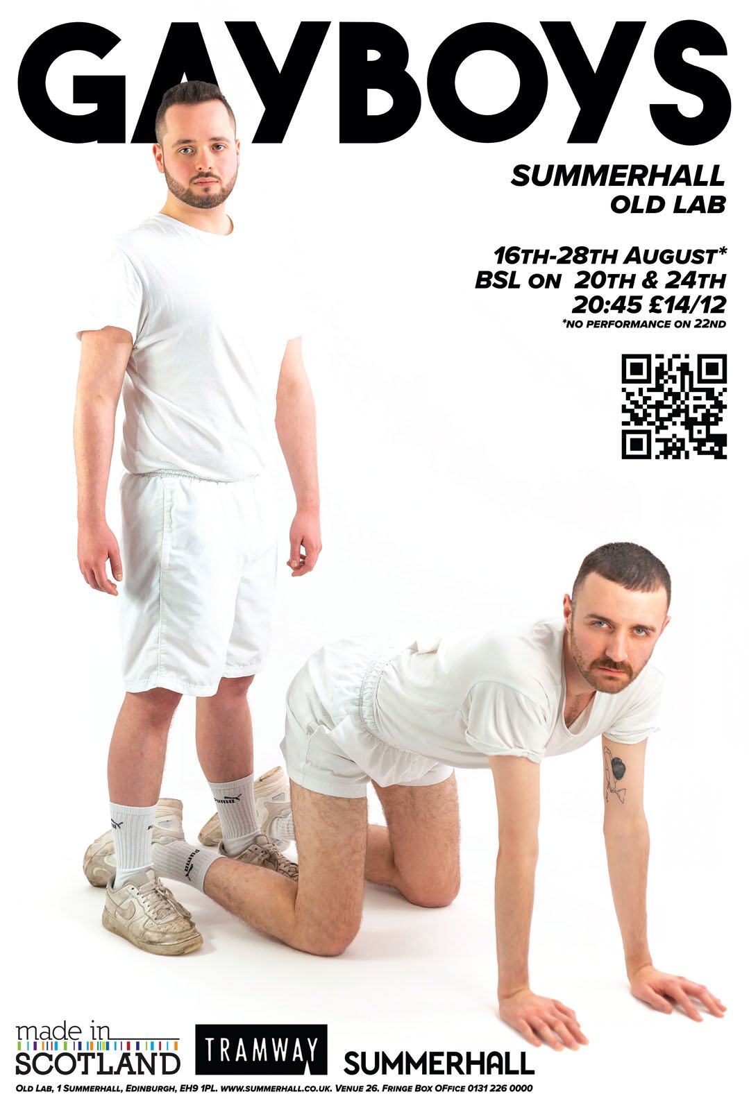 Gayboys Summerhall poster: one performer stands while the other crawls on all fours, both in white sportswear.
