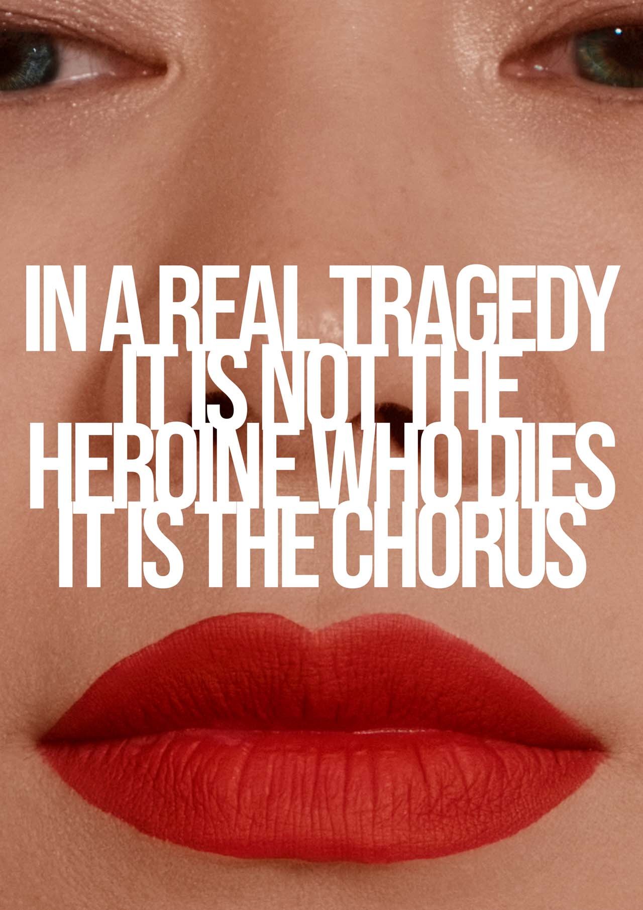 Poster design: extreme close-up of a face with red lips, the show's title in bold white capitals across it