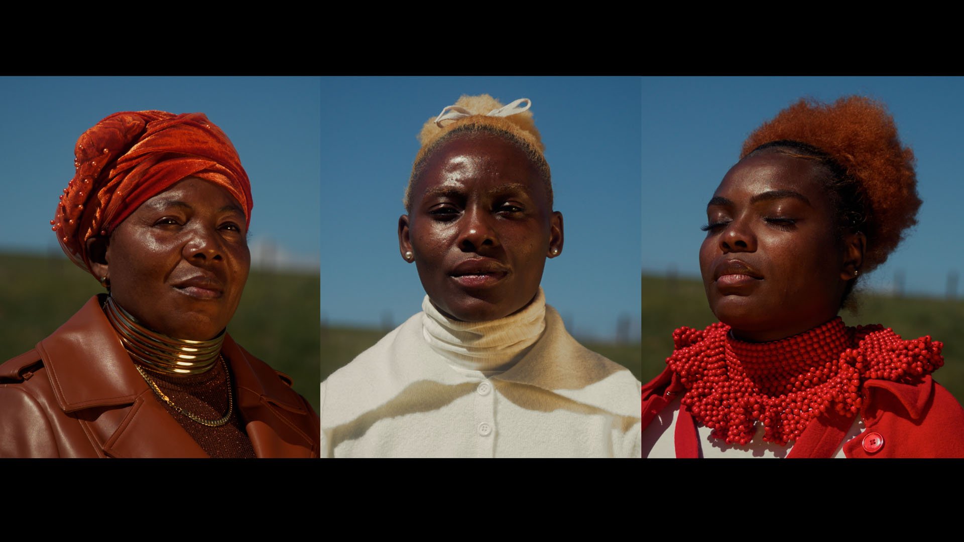 Triptych of portraits of Divine Tasinda and family against a blue sky; film still from Lagareh