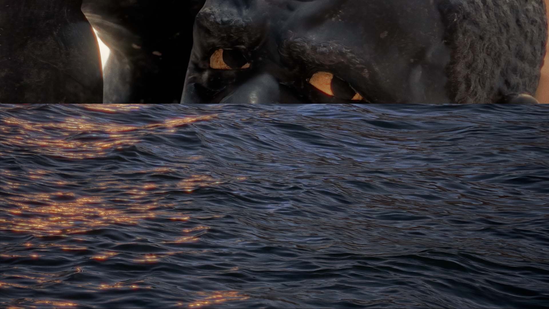 Dark Venetian statue faces above rippling water glinting with golden light; film still from Lagareh