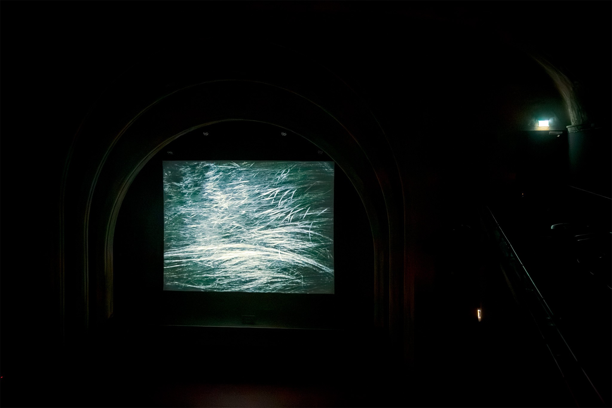 Film of windswept grasses projected on a screen beneath the theatre's proscenium arch