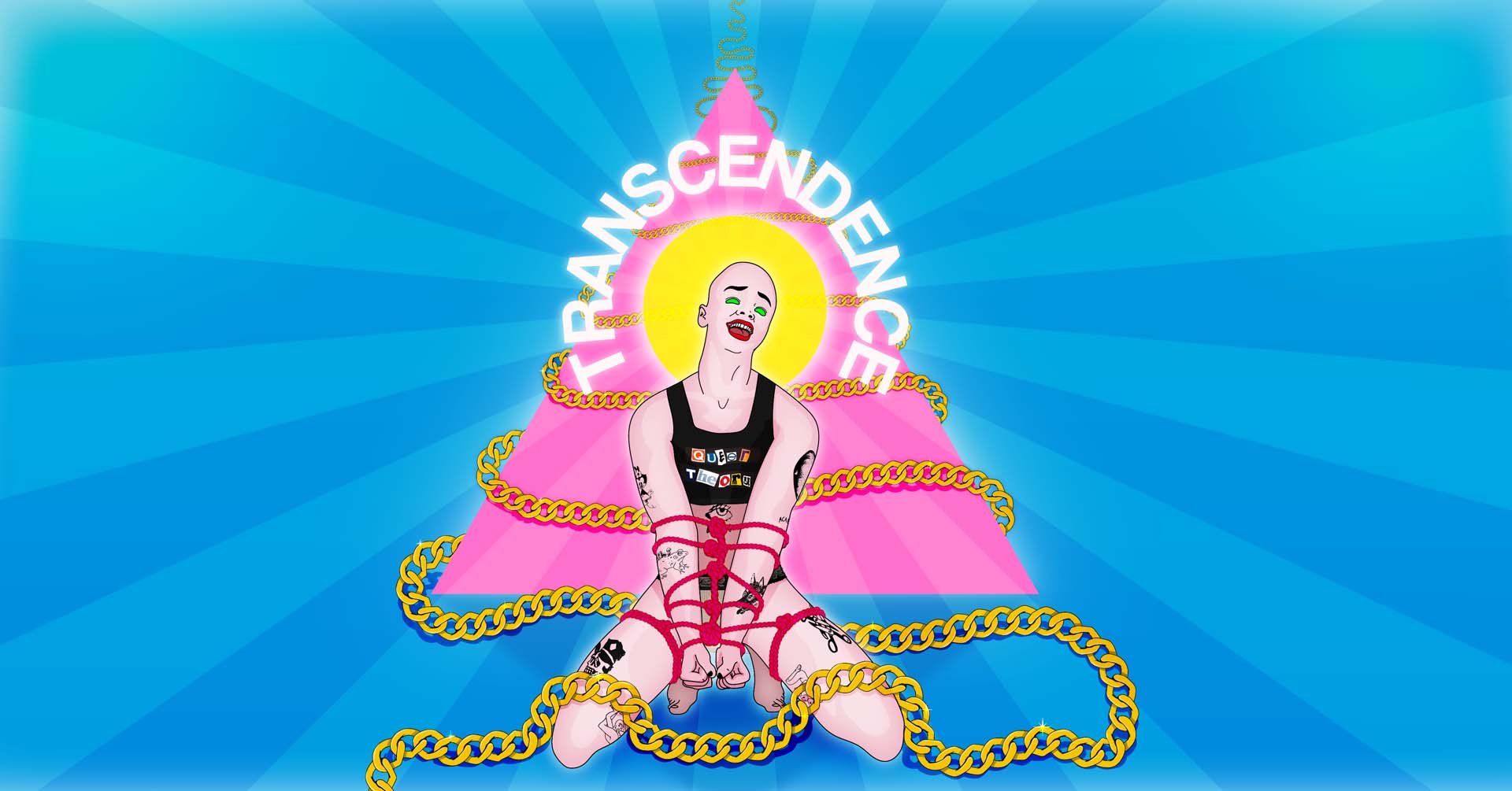 Queer Theory: Transcendence poster by Laurie Brown: an illustrated kneeling figure before a pink triangle and gold chains