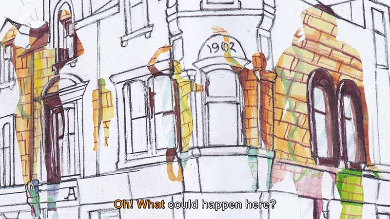 Dancing silhouettes reveal coloured-in drawings on a sketch of a 1902 building, captioned 'Oh! What could happen here?'